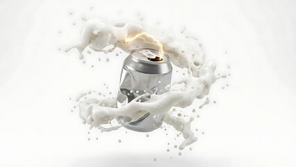Fototapeta premium Crushed Aluminum Can with Milk Splash and Lightning Bolt