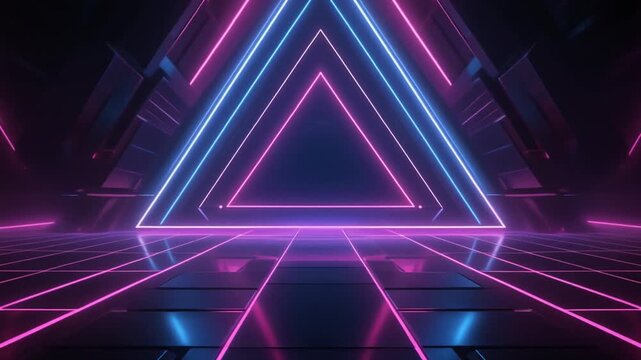 A neon-lit triangular tunnel with pink and blue lights reflecting off a shiny floor viewed from the center