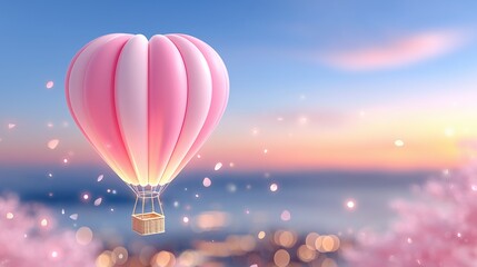 Fototapeta premium Pink Hot Air Balloon at Sunrise with Falling Cherry Blossoms and Bokeh Lights