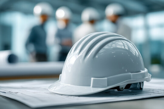 White safety helmet placed on architectural blueprints with blurred engineers collaborating in the background inside modern office environment - Powered by Adobe