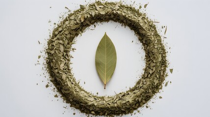 Bay leaf in a circle of crushed herbs on white background