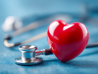 Red heart-shaped object placed next to a stethoscope on a blue surface symbolizing healthcare and heart health awareness in a medical concept image