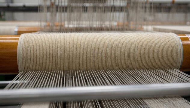 Detailed medium shot of narrow weaving beams neatly loaded with parallel yarns showcasing precision and craftsmanship in textile preparation for looms.