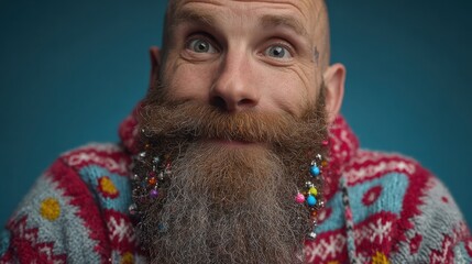 Bald person shows joyful wide-eyed expression, long thick beard covered in colorful bright beads.