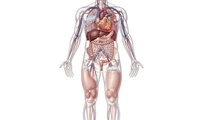 Crosssectional medical illustration of a human heart with weakened pumping showing fluid accumulation in lungs and legs on a clean white background for educational use.