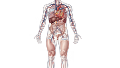 Crosssectional medical illustration of a human heart with weakened pumping showing fluid accumulation in lungs and legs on a clean white background for educational use.