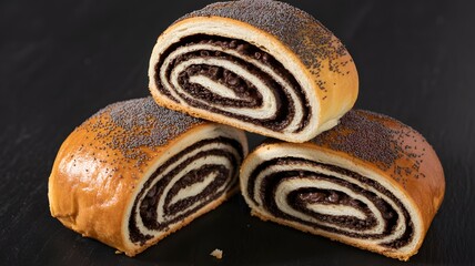 Delicious poppy seed rolls on a black background
