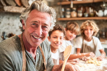 A joyful older man shares a cooking moment with three children, surrounded by a rustic kitchen filled with ingredients and cooking tools.