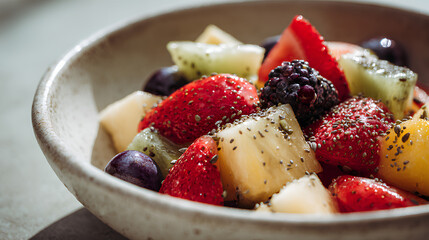 Fresh fruit salad with assorted seeds in minimal bowl under midday sunlight showcasing juicy texture and pure healthy lifestyle in bright setting
