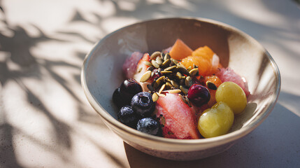 Fresh fruit salad with assorted seeds in minimal bowl under midday sunlight showcasing juicy texture and pure healthy lifestyle in bright setting
