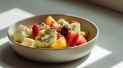 Fresh fruit salad with assorted seeds in minimal bowl under midday sunlight showcasing juicy texture and pure healthy lifestyle in bright setting
