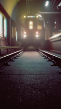 oncoming train at platform, blurred headlights piercing fog, lowangle rails leading toward illuminated locomotive, reflective platform floor and textured
