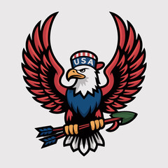 Fototapeta premium American bald eagle with wings spread holding arrows and olive branch, patriotic emblem in red white blue; vintage liberty mascot logo vector for heritage branding