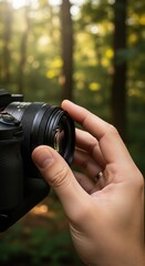 Close-Up of a Person's Hand Holding a Camera in a Forest Setting with Soft Natural Light