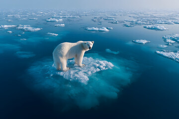 Majestic Polar Bear isolated on a solitary ice floe, drifting in the immense Arctic Ocean. This iconic wildlife symbol of nature faces the harsh cold reality, its pristine white fur contrasting the de