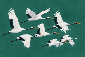 A graceful flock of white cranes, majestic birds flying through nature's green expanse. This stunning illustration captures wildlife in harmonious movement, showcasing these magnificent animal creatur