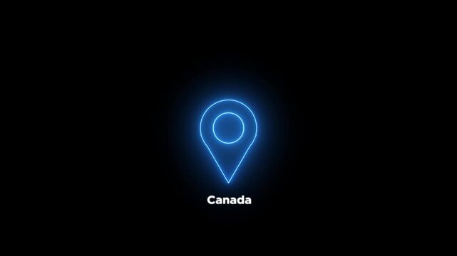 Neon glowing blue location pin looped icon with the word Canada on a black background. Modern Canada country map marker design. Place search and direction animated.4k video.