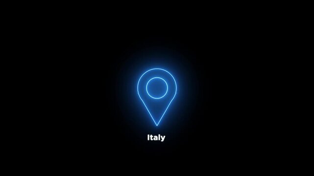 Neon glowing blue location pin looped icon with the word Italy on a black background. Modern italy country map marker design. Place search and direction animated.4k video.