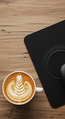 Beautiful Latte Art in a White Cup on a Wooden Table with a Black Mouse Pad