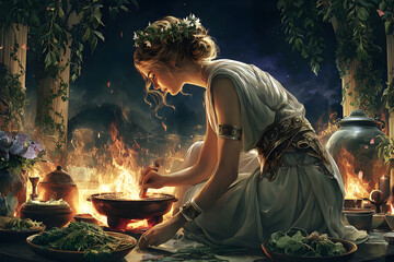 Depicting Hestia, the Goddess of the Hearth, engaged in a profound Ancient Ritual. Her Devotion illuminates the scene with Fire, embodying Mythology's Sacred spirit as a divine Priestess.