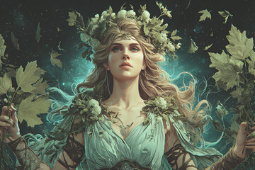 Beautiful Demeter Goddess of Agriculture and Nature from Greek Mythology in a stunning fantasy illustration with celestial stars and green leaves for harvest and ancient deity concepts
