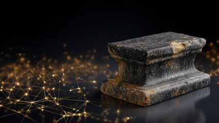 An ancient stone base stands firm against a technological background filled with glowing connections and lines.