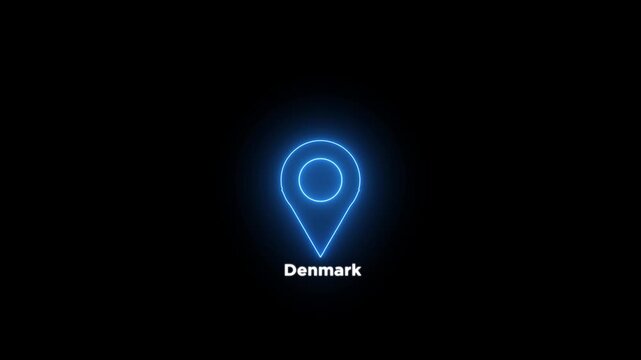 Neon glowing blue location pin looped icon with the word Denmark on a black background. Modern Denmark country map marker design. Place search and direction animated.4k video.