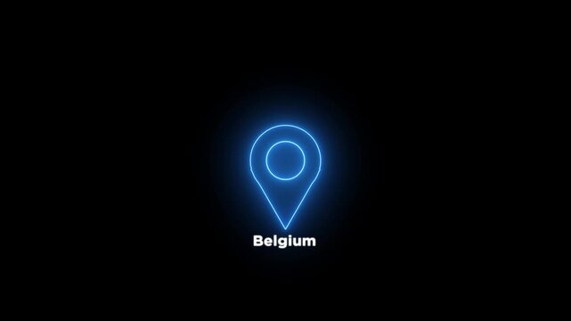 Neon glowing blue location pin looped icon with the word Belgium on a black background. Modern Belgium country map marker design. Place search and direction animated.4k video.