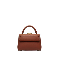 Elegant brown leather handbag with top handle and gold clasp on alpha channel