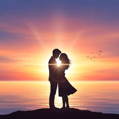 Silhouette of romantic couple standing embracing kissing against vibrant orange sunset over ocean view