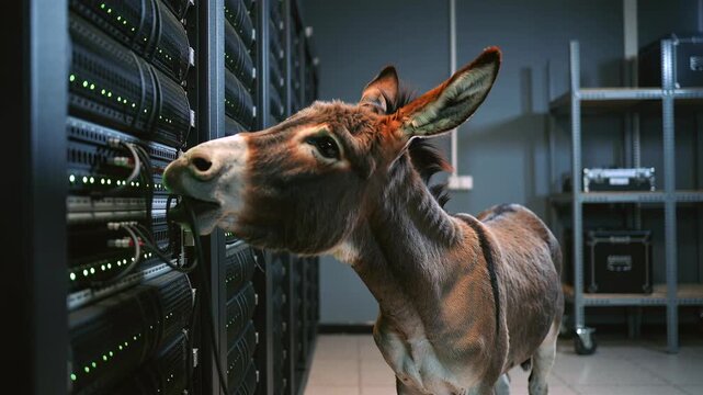 Donkey examines equipment, Animal explores server room cables, Curious donkey inspects network hardware closely, Curious donkey carefully scrutinizes computer hardware and glowing LEDs in quiet facili