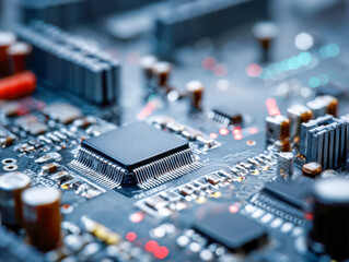 High-tech electronic circuit board with integrated microchips and components showcasing advanced technology and intricate connections on a motherboard design