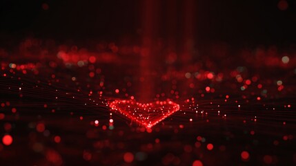 Glowing red heart shape with an ethereal light beam amidst bokeh on a dark backdrop