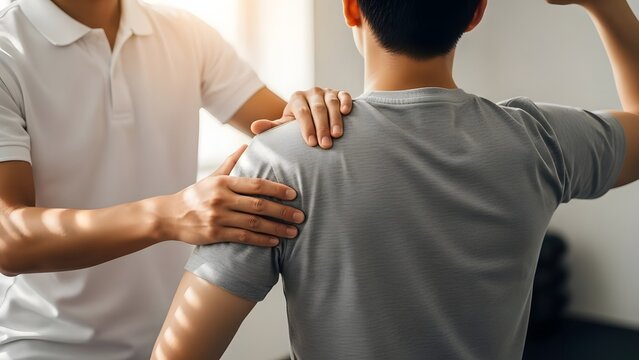 Physiotherapist treating patient with shoulder massage. Physical therapy and injury rehabilitation. Professional male doctor applying pressure to man shoulder for pain relief