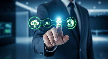 Businessman interacting with AI interface for environmental sustainability and carbon footprint reduction.