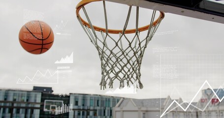 Showing basketball hoop and braided nylon net occupying rooftop court, with faint data overlays