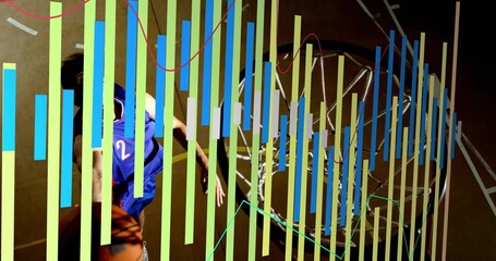 Leaping player in blue jersey #2 reaching rim or net or basketball on court with data overlay, copy 