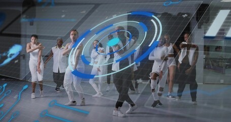 Dancing troupe rehearsing choreography in studio, in white-black wear, knee brace, holographic HUD