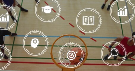 Swishing orange basketball through rim and net over gym court, showing jerseys and data overlays