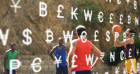 Player on right shooting ball, mates in tanks watching outdoor court near stone wall, money symbols