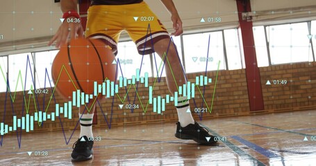 Dribbling basketball player in low stance on court, in yellow shorts, black shoes, data overlays