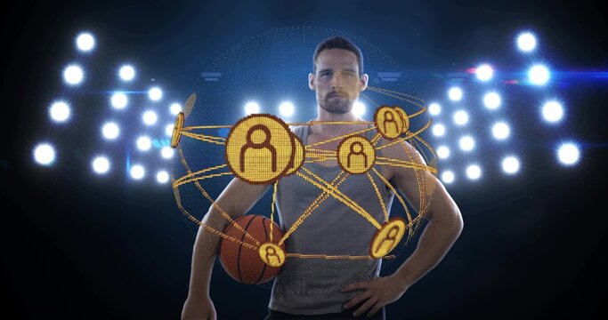 Standing athlete in gear holding basketball on court showing holo, gold nodes, globe, floodlights - Powered by Adobe