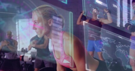 Leaning woman in pink sports top doing bent-over lift in gym, with dumbbells and HUD overlays