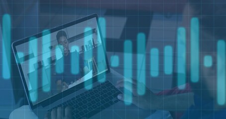 Watching man in loungewear typing on laptop at home, with on-screen presenter and waveform