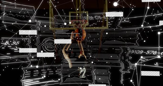 Jumping basketball player wearing dark jersey 22 holding orange ball near rim, digital overlay - Powered by Adobe