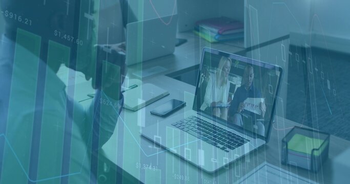 Displaying laptop showing 2 presenters on call at office, blurred in dark jacket, charts - Powered by Adobe