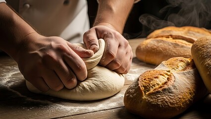 Baker hands kneading dough with fresh bread on wooden table baking