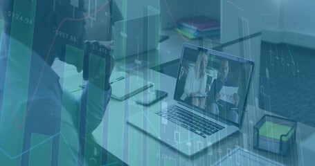 Displaying laptop with two remote hosts in work attire at office desk, phone and data overlay