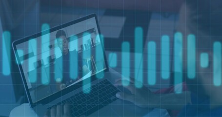 Typing man on laptop in lap at home, showing woman in dark top with teal-waveform