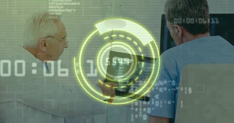 Pointing doctor in lab coat, clinician in blue scrubs reviewing tablet at clinic, neon HUD monitor